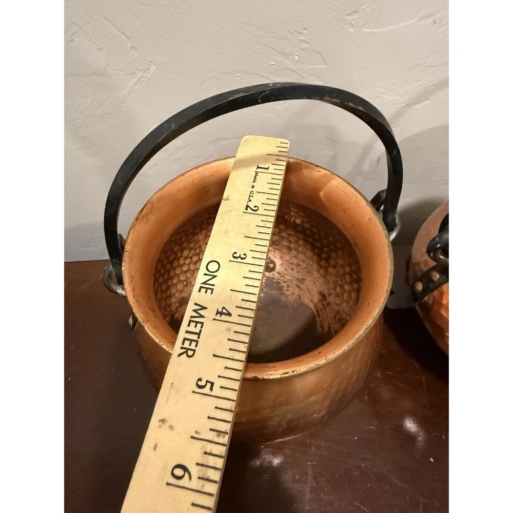 VTG Set Of 2 Hammered Copper Pot Cauldron Germany Bail Wrought Iron Handles Feet